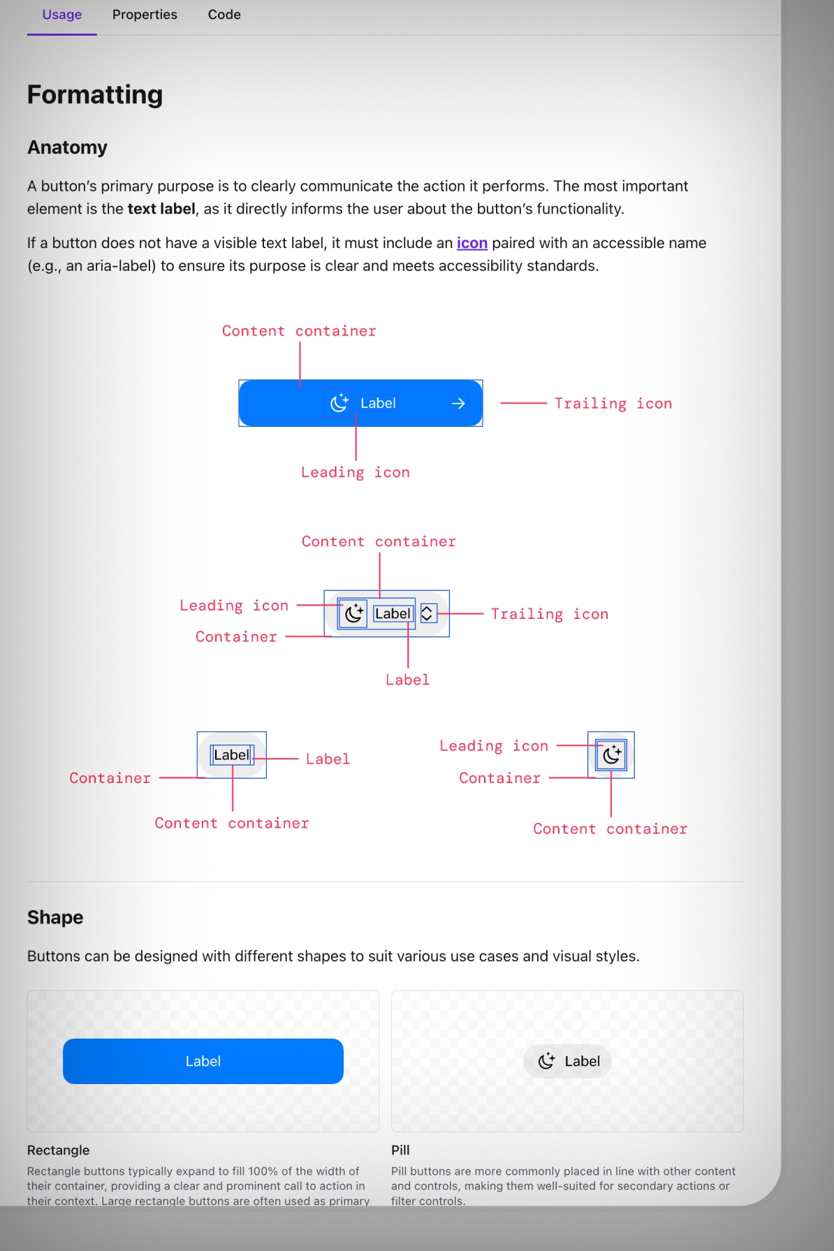 Design system documentation button formatting anatomy and shapes